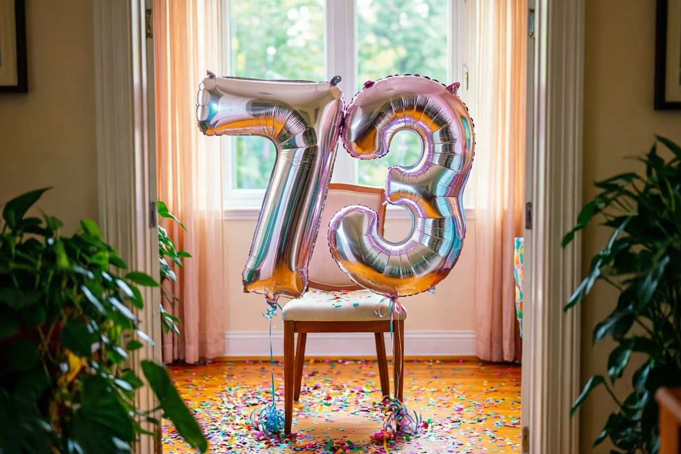 Zilveren en pastelkleurige cijferballonnen vormen 73 aan een stoel in een lichte kamer met confetti op de houten vloer, boogdoorgangen en planten.