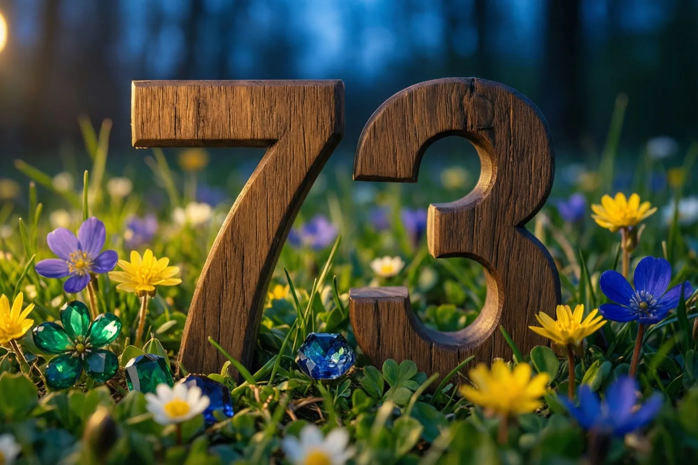 Het houten getal 73 staat tussen kleurrijke lentebloemen in een weide, met warm zonlicht en een blauwgetinte achtergrond.