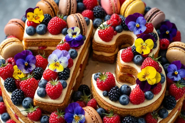 Een taart in de vorm van 73 is versierd met frambozen, blauwe bessen, bramen, macarons en eetbare bloemen.
