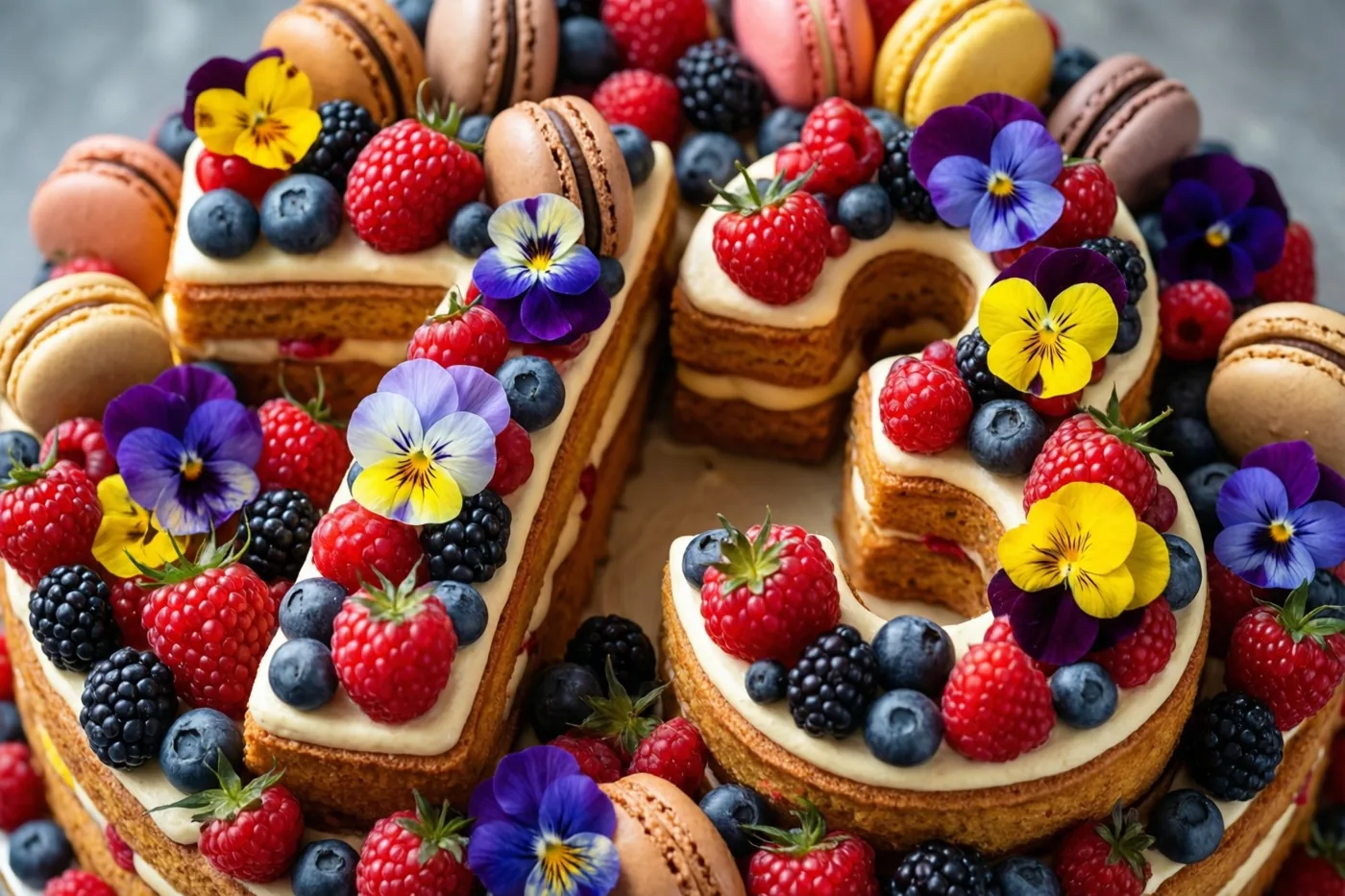 Een taart in de vorm van 73 is versierd met frambozen, blauwe bessen, bramen, macarons en eetbare bloemen.