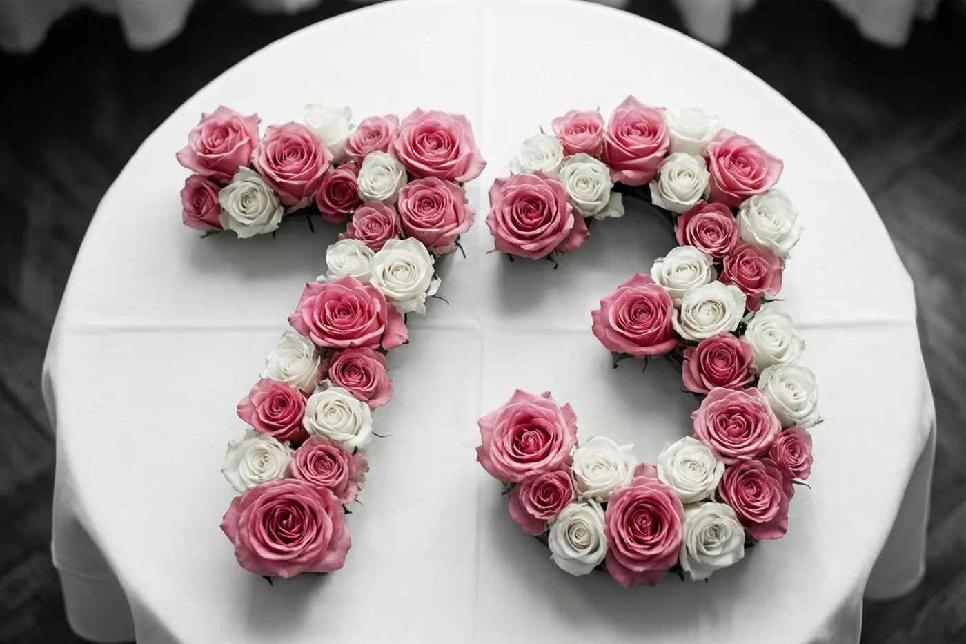 Roze en witte rozen vormen van bovenaf gezien het getal 73 op een wit tafelkleed.