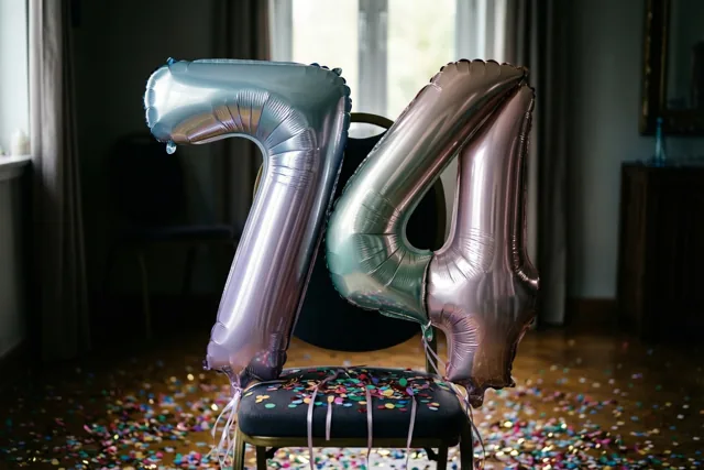 Metalen cijferballonnen in de vorm van 7 en 4 hangen aan een stoel in een kamer met confetti op de vloer en daglicht door een raam.