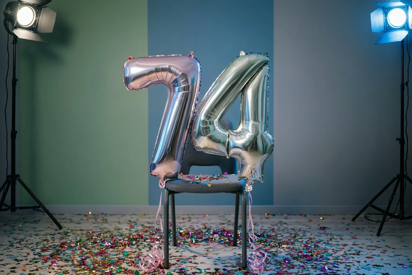 Twee grote zilveren folieballonnen vormen 74 aan een stoel in een studio met confetti op de vloer en een pastelgroene en blauwe muur.