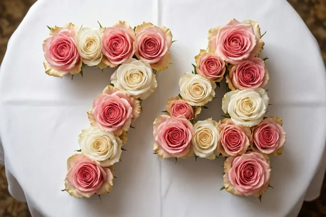 Roze en witte rozen vormen het getal 74 op een wit tafelkleed, van recht bovenaf gezien.