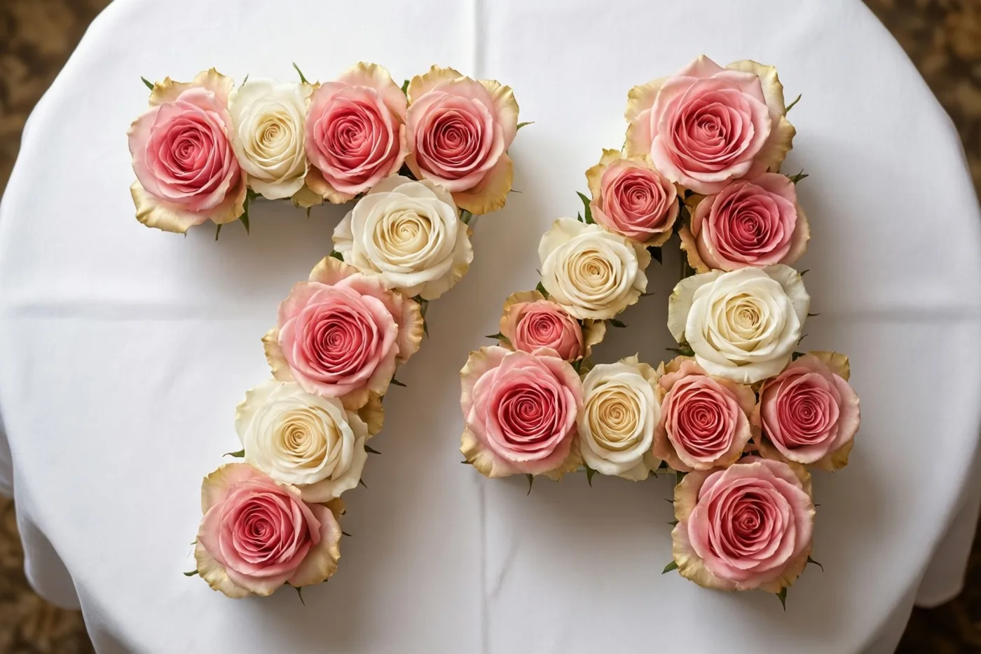 Roze en witte rozen vormen het getal 74 op een wit tafelkleed, van recht bovenaf gezien.