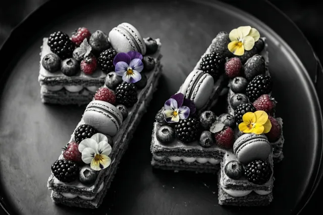 Twee stukken taart in de vorm van 74 liggen op een donker bord met bessen, macarons en eetbare bloemen, waarvan de kleuren afsteken tegen een monochrome achtergrond.