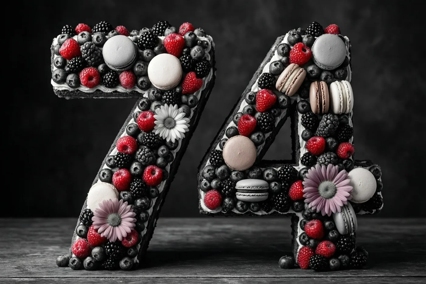 Een taart in de vorm van 74 met bessen, macarons en eetbare bloemen staat op een houten ondergrond tegen een donkere achtergrond.