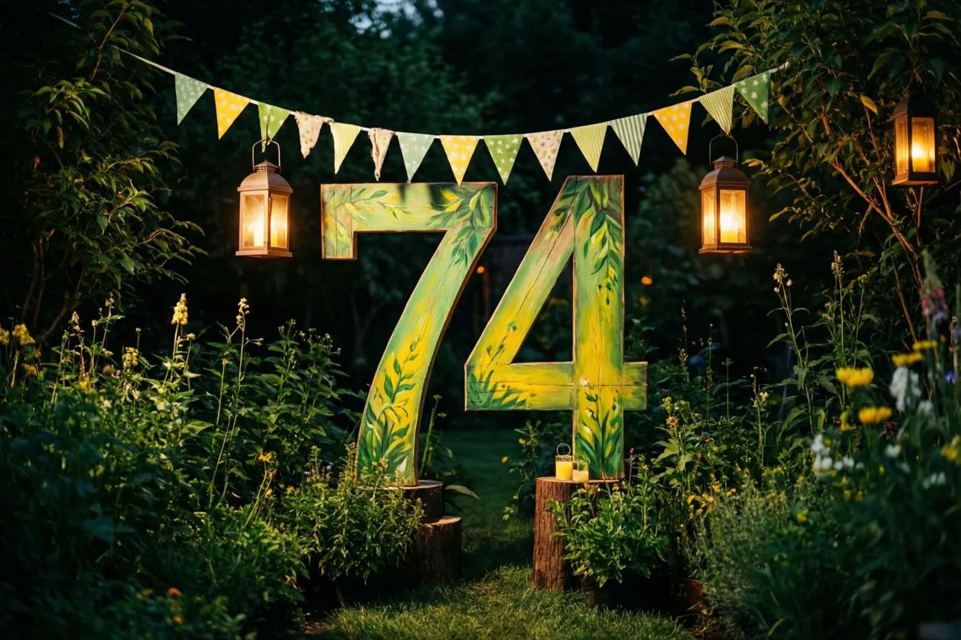 Een groot beschilderd houten bord met 74 staat bij schemering tussen groen, hangende lantaarns en een kleurrijke vlaggenlijn.