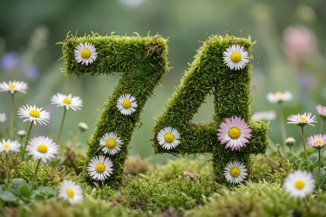 Het getal 74 is gevormd uit een mossige groene haag en versierd met witte en roze madeliefjes met gele hartjes in een landelijke tuin.