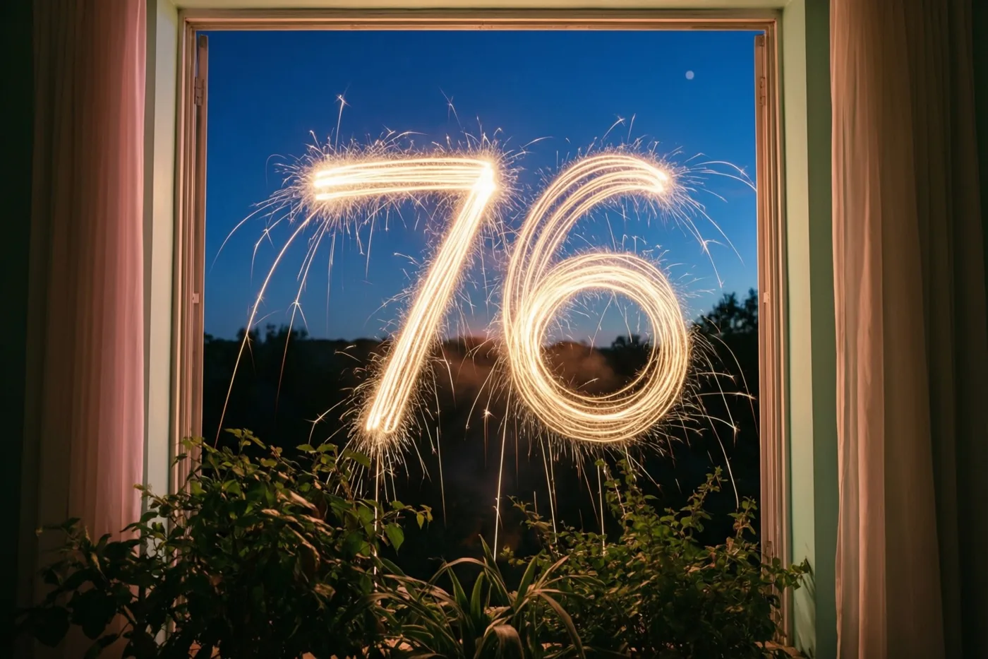 Door een raam met gordijnen en kamerplanten zijn gouden lichtsporen in de vorm van 76 te zien tegen een diepblauwe schemerlucht met een vage maan.