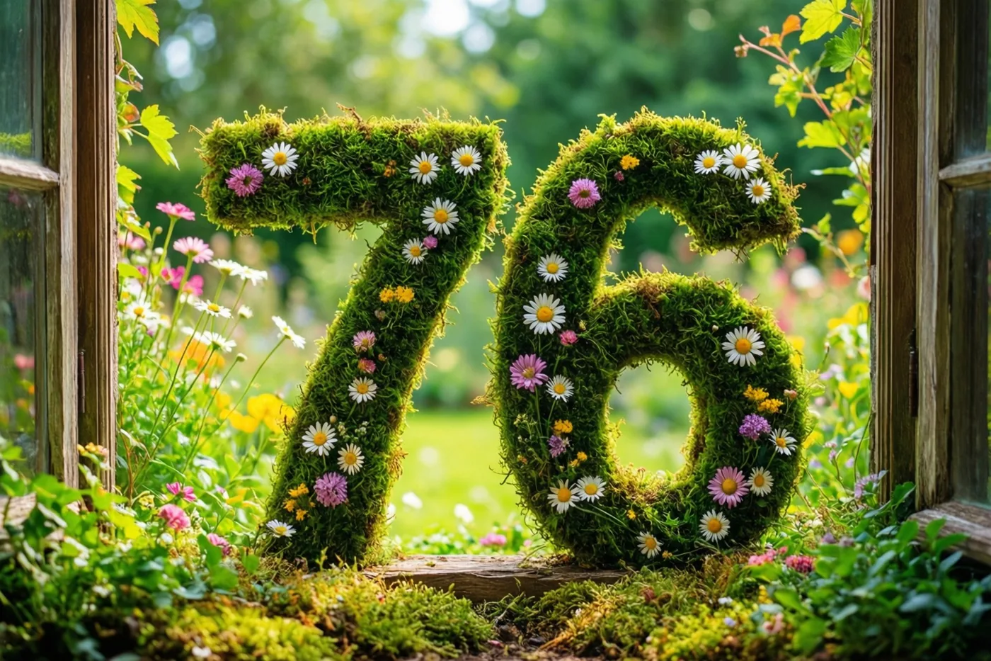 Door een open raam is een landelijke tuin te zien met 76 van een mossige groene haag, versierd met madeliefjes in groene, witte en roze tinten.