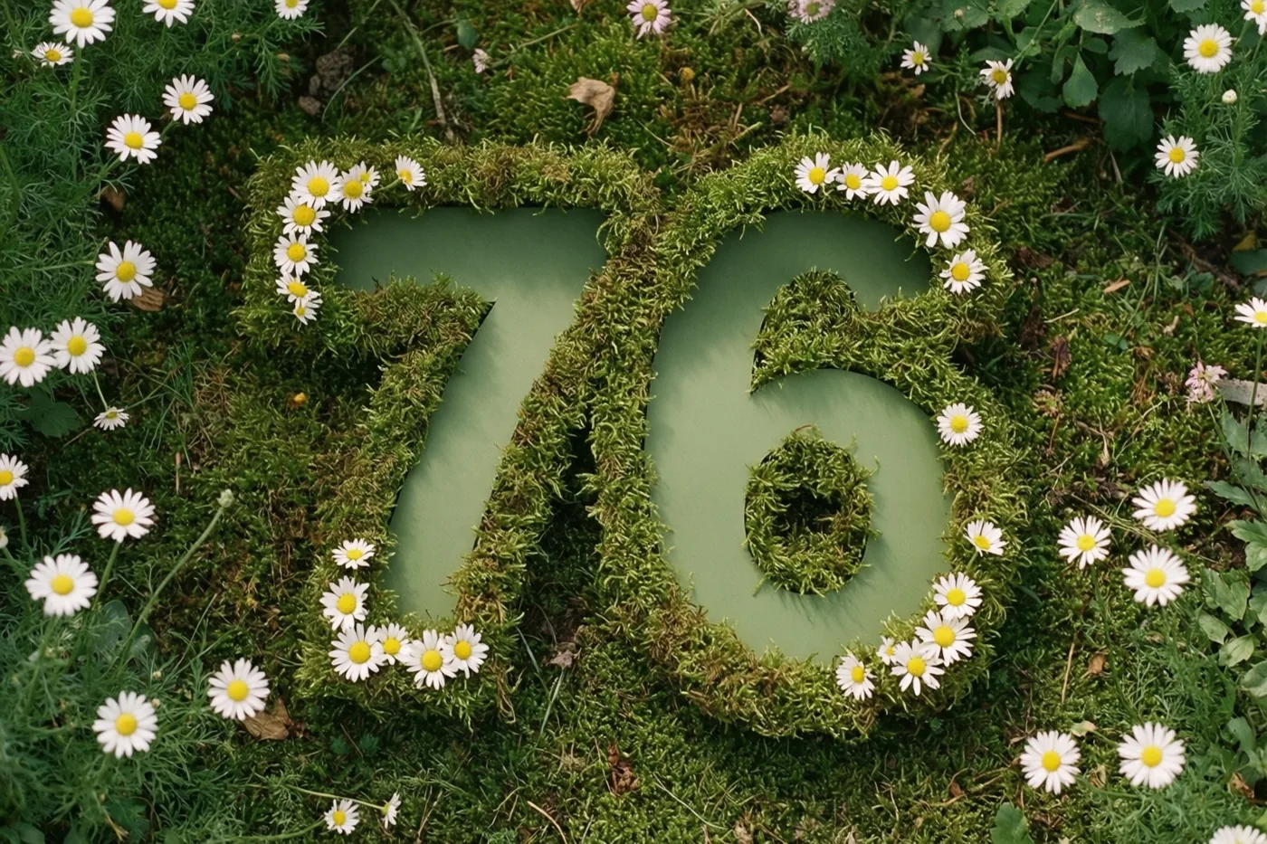 Een mossige groene haag vormt 76 en is versierd met witte madeliefjes met gele hartjes in een landelijke tuin.