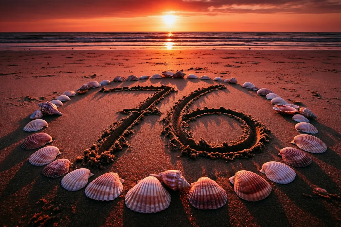 Het getal 76 is getekend in strandzand tussen schelpen, met warme oranje en rode tinten van de zonsondergang.