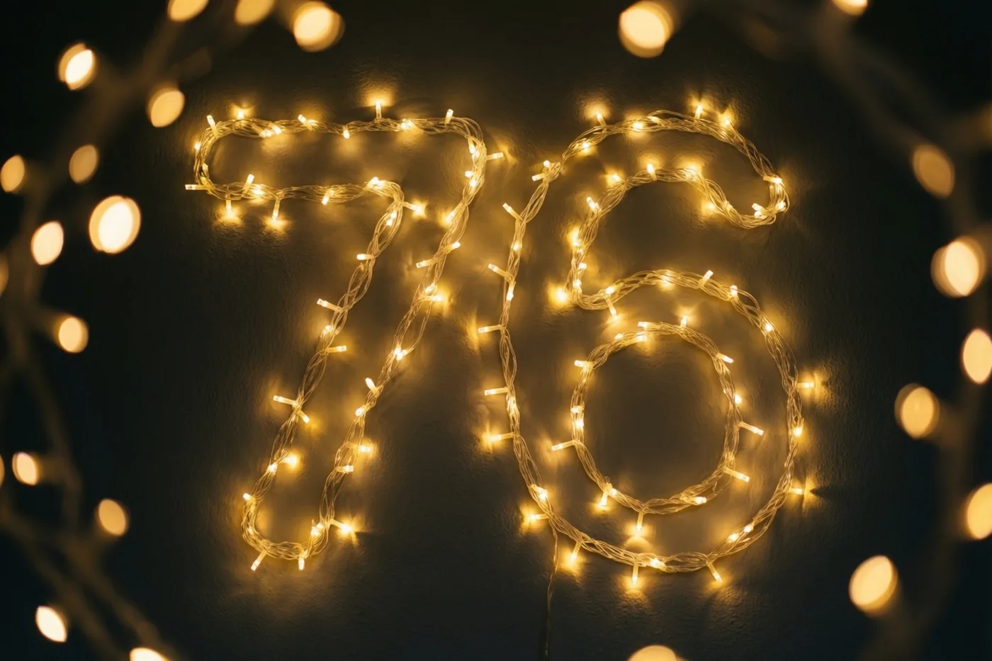 Het getal 76 is gevormd met warme lichtslingers tegen een donkere muur, met onscherpe lichtjes op de achtergrond.