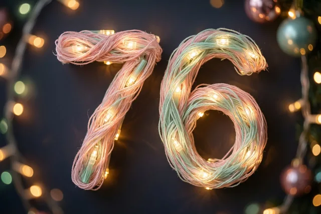 Verstrengelde roze en mintgroene lichtslingers vormen 76 tegen een donkere achtergrond met onscherpe feestlichtjes en versieringen.