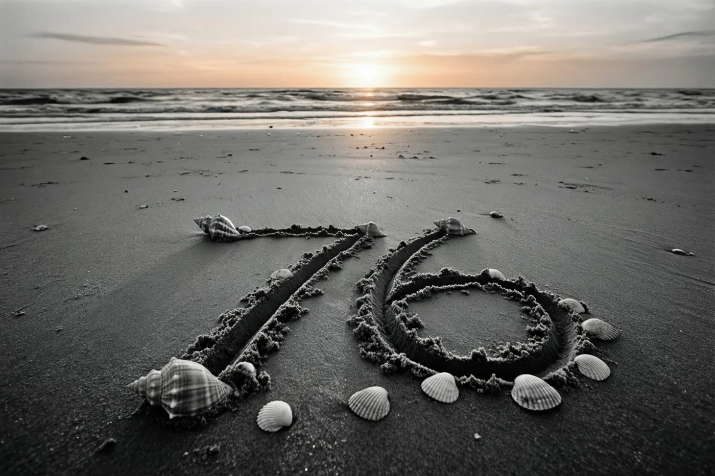Het getal 76 staat in strandzand tussen schelpen, in een zwart-witbeeld met een warme zonsondergang aan de horizon.