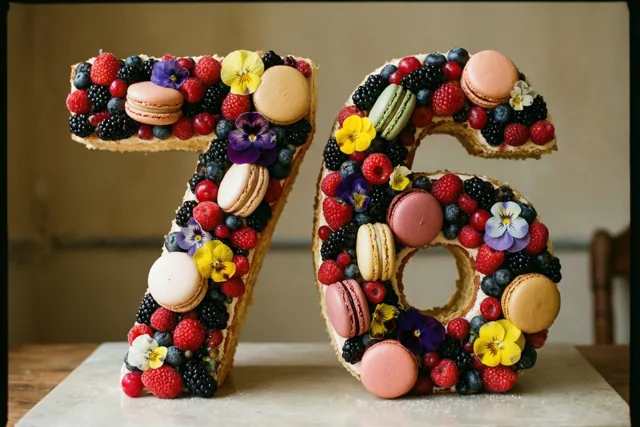 Een taart in de vorm van 76 met bessen, macarons en eetbare bloemen staat binnen op een marmeren plaat.