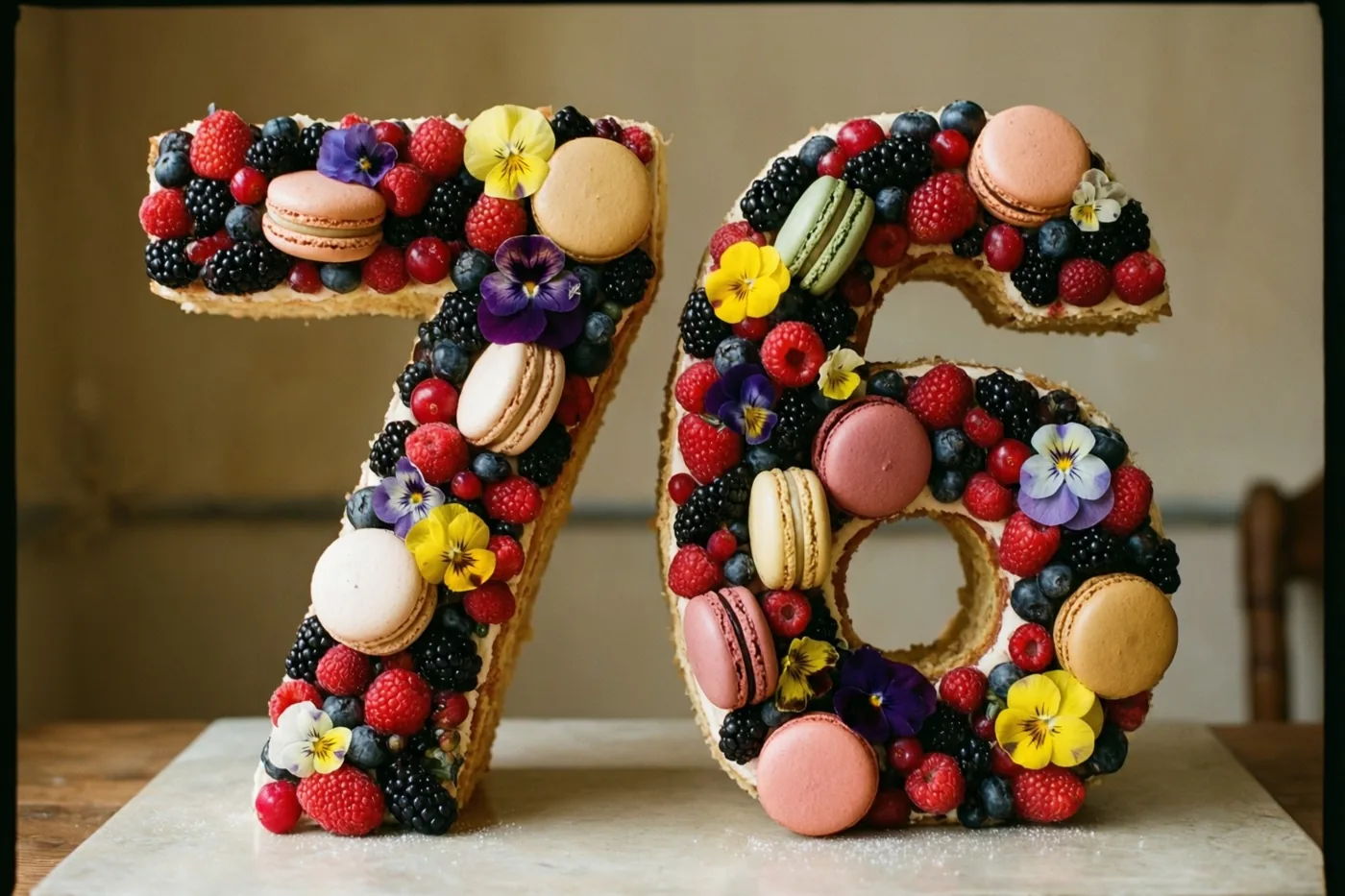 Een taart in de vorm van 76 met bessen, macarons en eetbare bloemen staat binnen op een marmeren plaat.