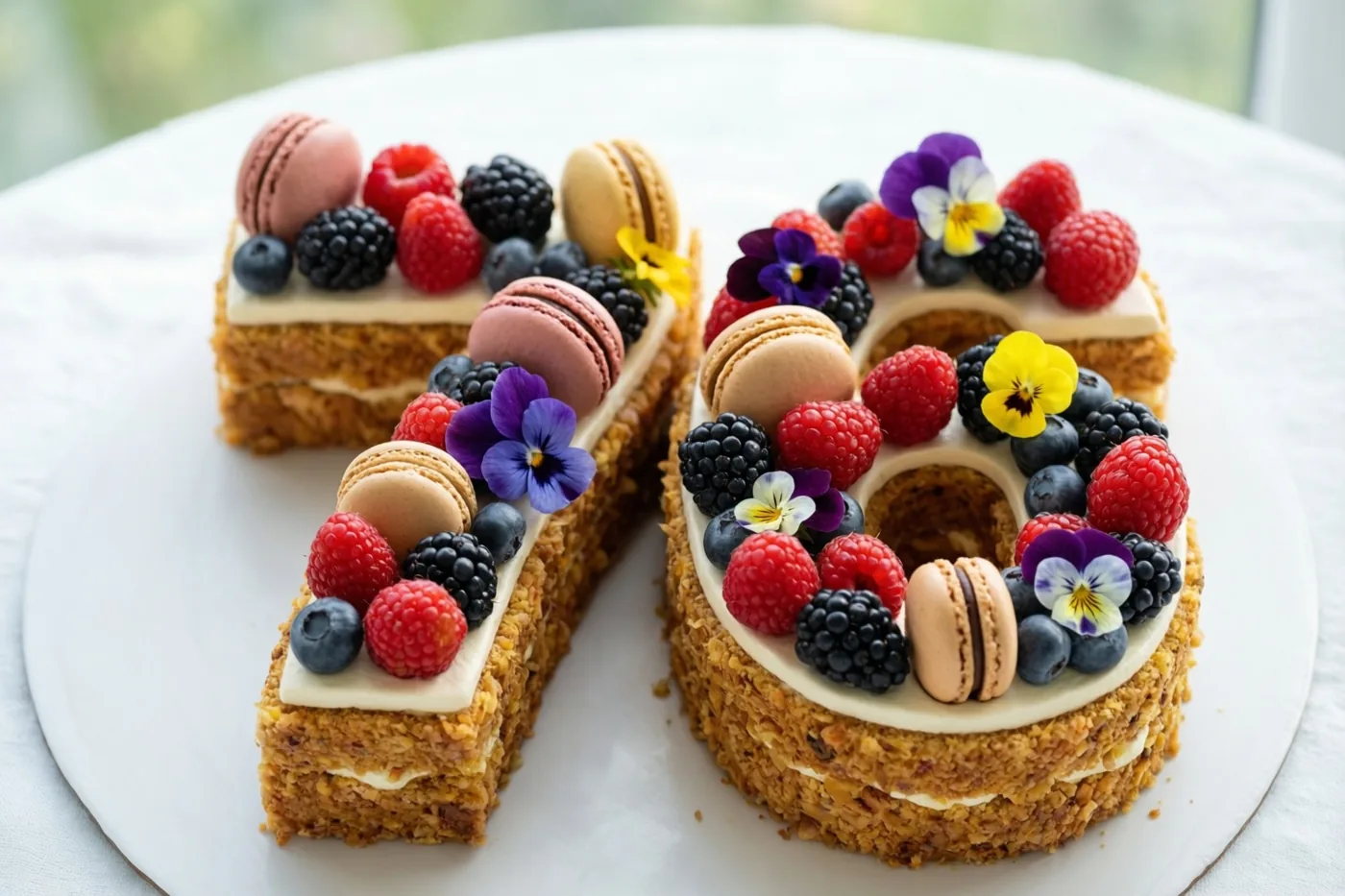 Een taart in de vorm van 76 met frambozen, bramen, blauwe bessen, macarons en eetbare bloemen staat op een wit bord tegen een onscherpe achtergrond.