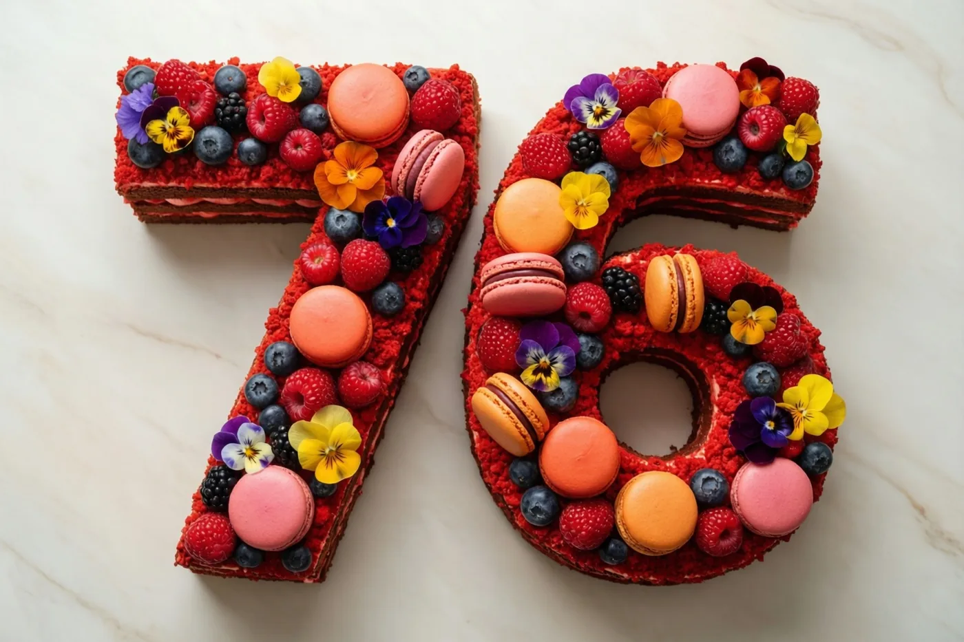 Een taart in de vorm van 76 met bessen, macarons en eetbare bloemen staat op wit marmer, met rode, roze, oranje en blauwe tinten.