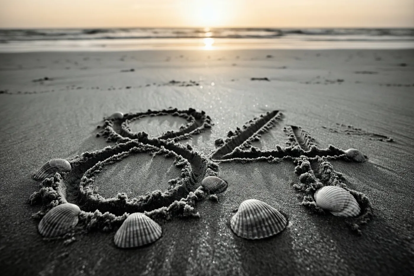 Het getal 84 is bij zonsondergang in het strandzand getekend tussen schelpen, weergegeven in zwart-wit.