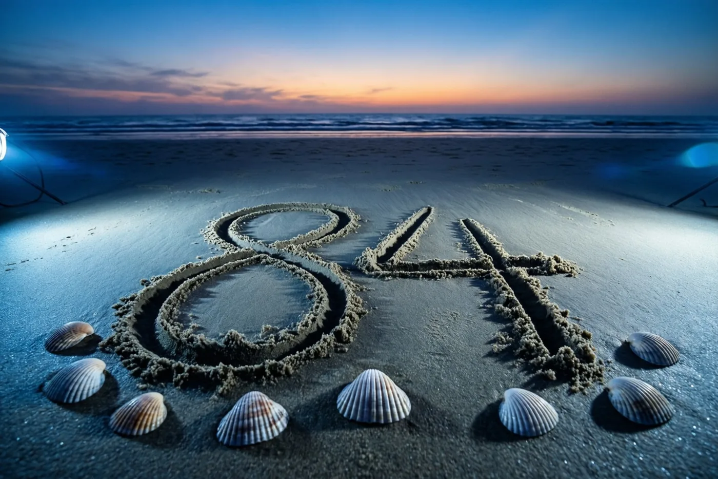Het getal 84 staat in strandzand tussen schelpen bij zonsondergang, met een blauw-oranje lucht boven zee en koelblauw licht op het zand.