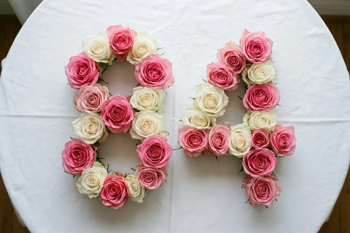 Van recht bovenaf zijn roze en witte rozen te zien die het getal 84 vormen op een wit tafelkleed.