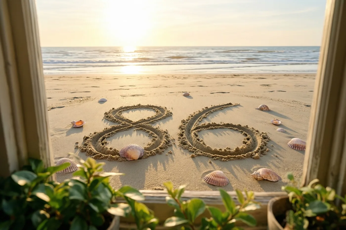 Door een raamkozijn met potplanten op de voorgrond is het getal 86 te zien in strandzand tussen schelpen bij een goudkleurige zonsondergang.