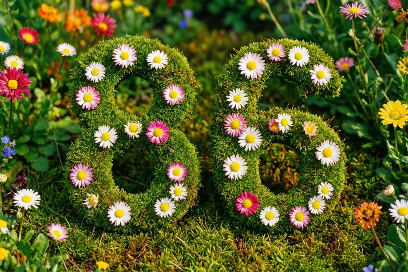 Een bemoste groene haag vormt 86 met roze en witte madeliefjes in een rustieke tuin met kleurrijke bloemen op de achtergrond.