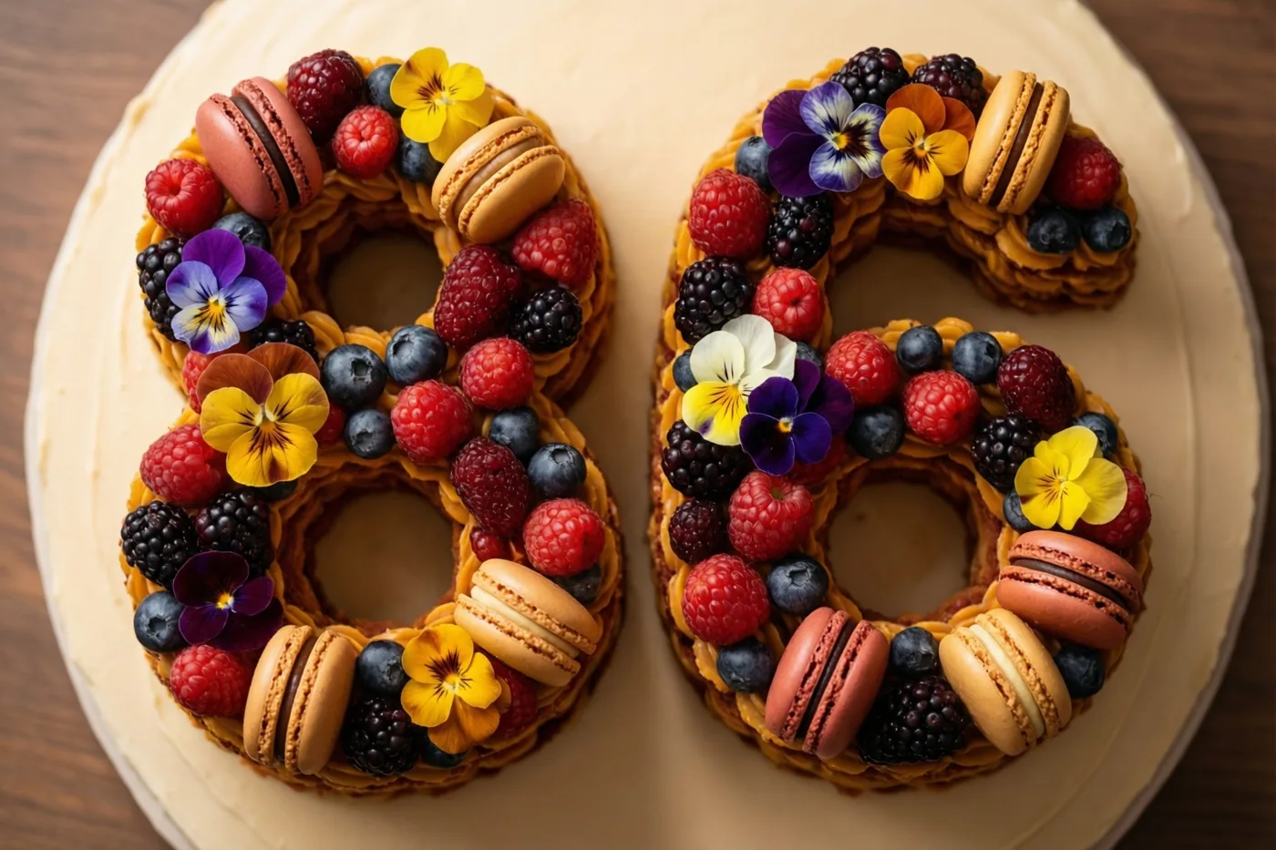 Van bovenaf is een taart in de vorm van 86 te zien met frambozen, bramen, blauwe bessen, macarons en eetbare bloemen op een effen wit bord tegen een houten achtergrond.