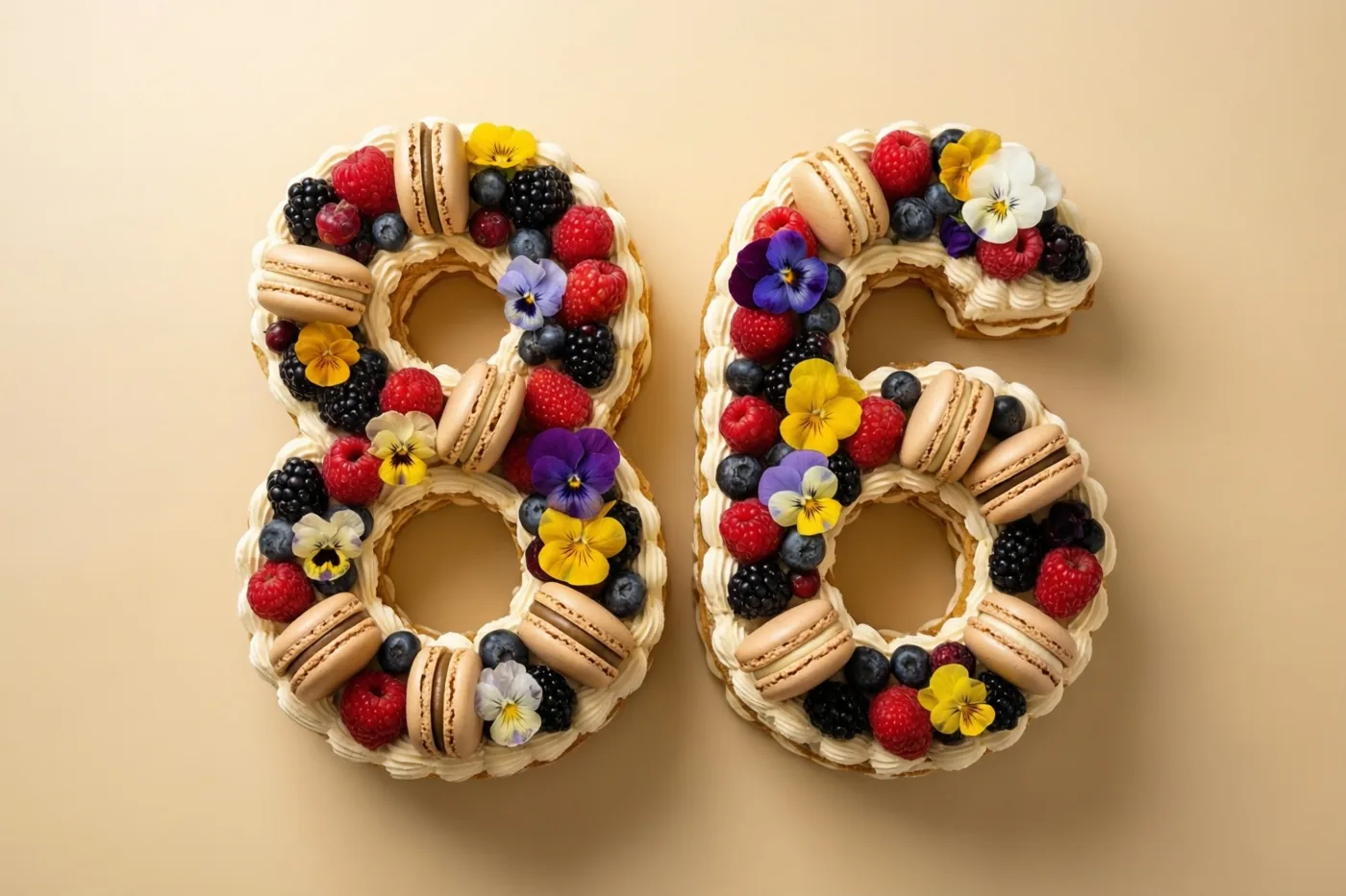 Twee taarten in de vorm van 8 en 6 zijn versierd met bessen, macarons en eetbare bloemen tegen een beige achtergrond.