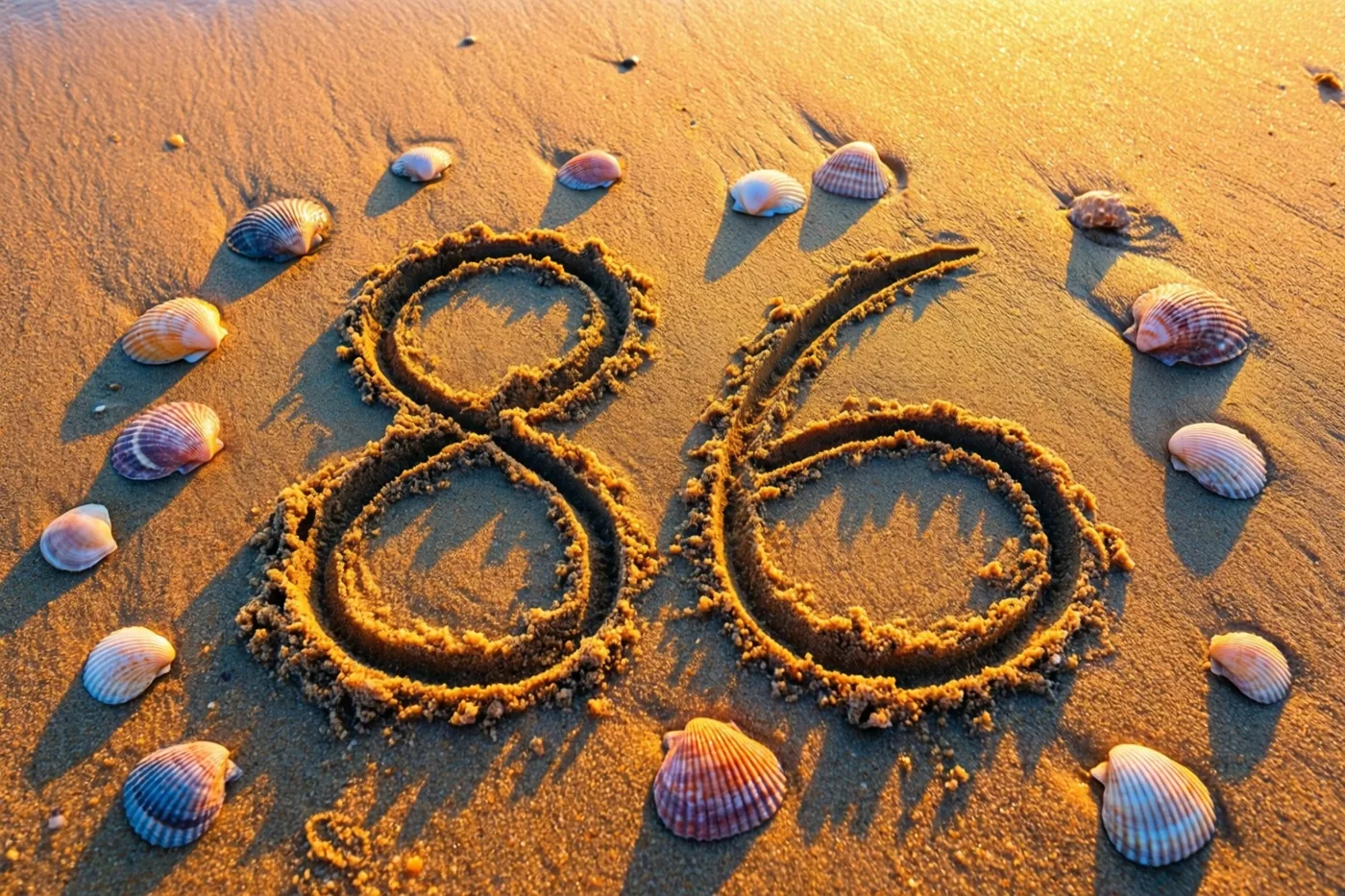 Het getal 86 is in strandzand getekend tussen verspreide schelpen bij zonsondergang in warm goudkleurig licht.