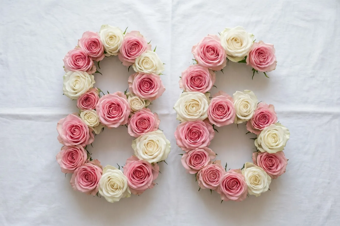 Roze en witte rozen vormen het getal 86 op een wit tafelkleed, van recht bovenaf gezien in zachte pasteltinten.