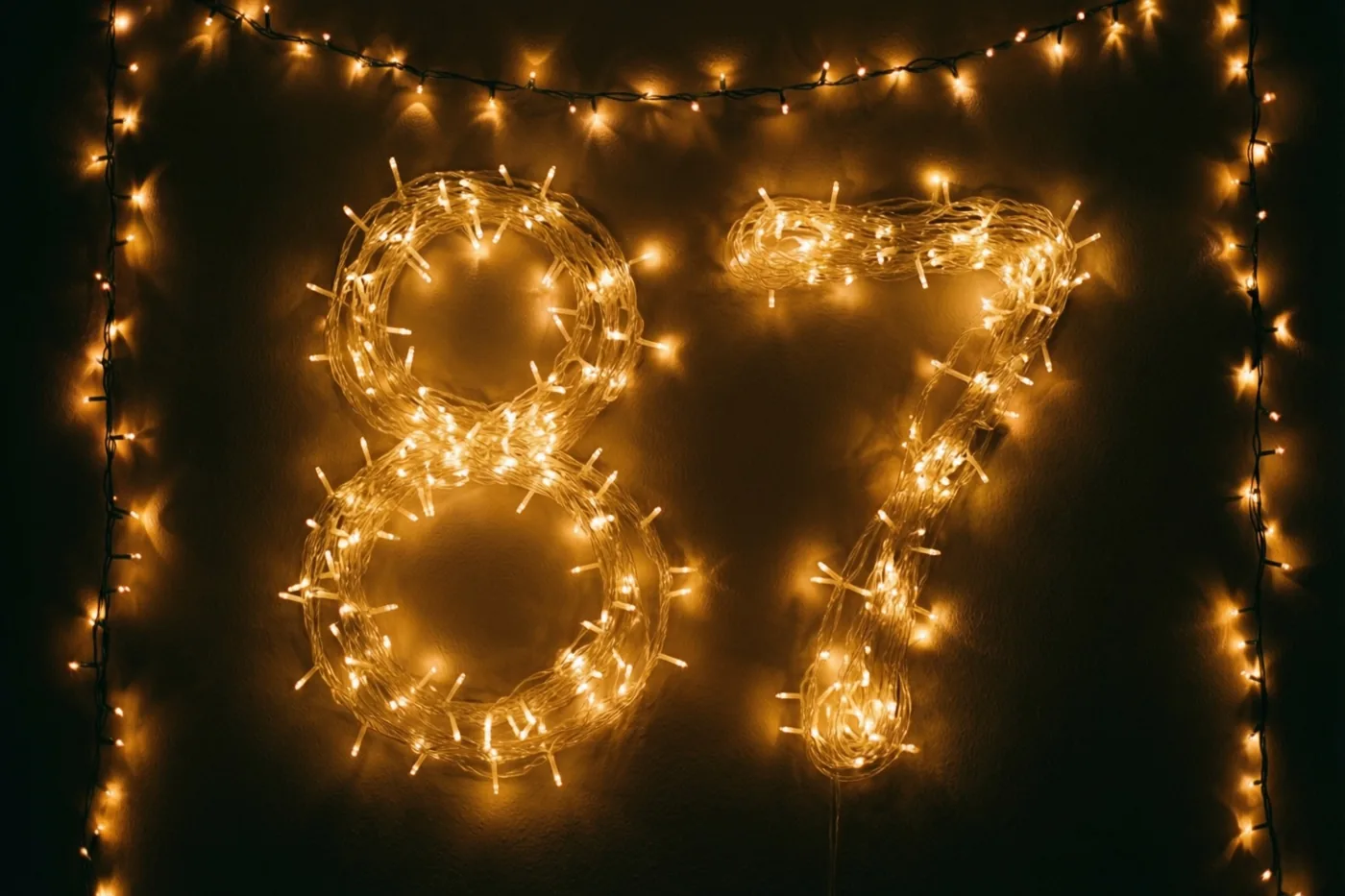 Warme lichtjes vormen het getal 87 tegen een donkere muur, met lichtslingers langs de randen en onscherpe lichtvlekken eromheen.