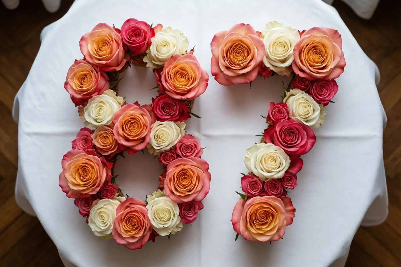 Roze en witte rozen vormen van bovenaf gezien het getal 87 op een wit tafelkleed, met een houten vloer eromheen.