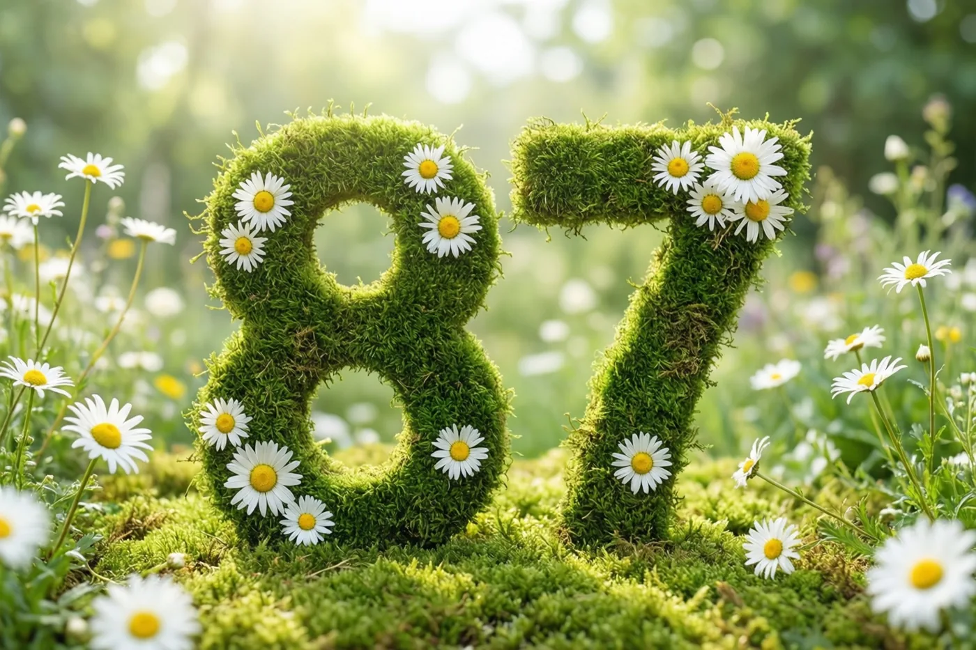 Een bemoste groene haag in de vorm van 87 met witte madeliefjes staat in een zonovergoten rustieke tuin.