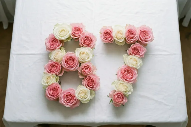 Roze en witte rozen vormen het getal 87 op een wit tafelkleed, recht van boven gefotografeerd.