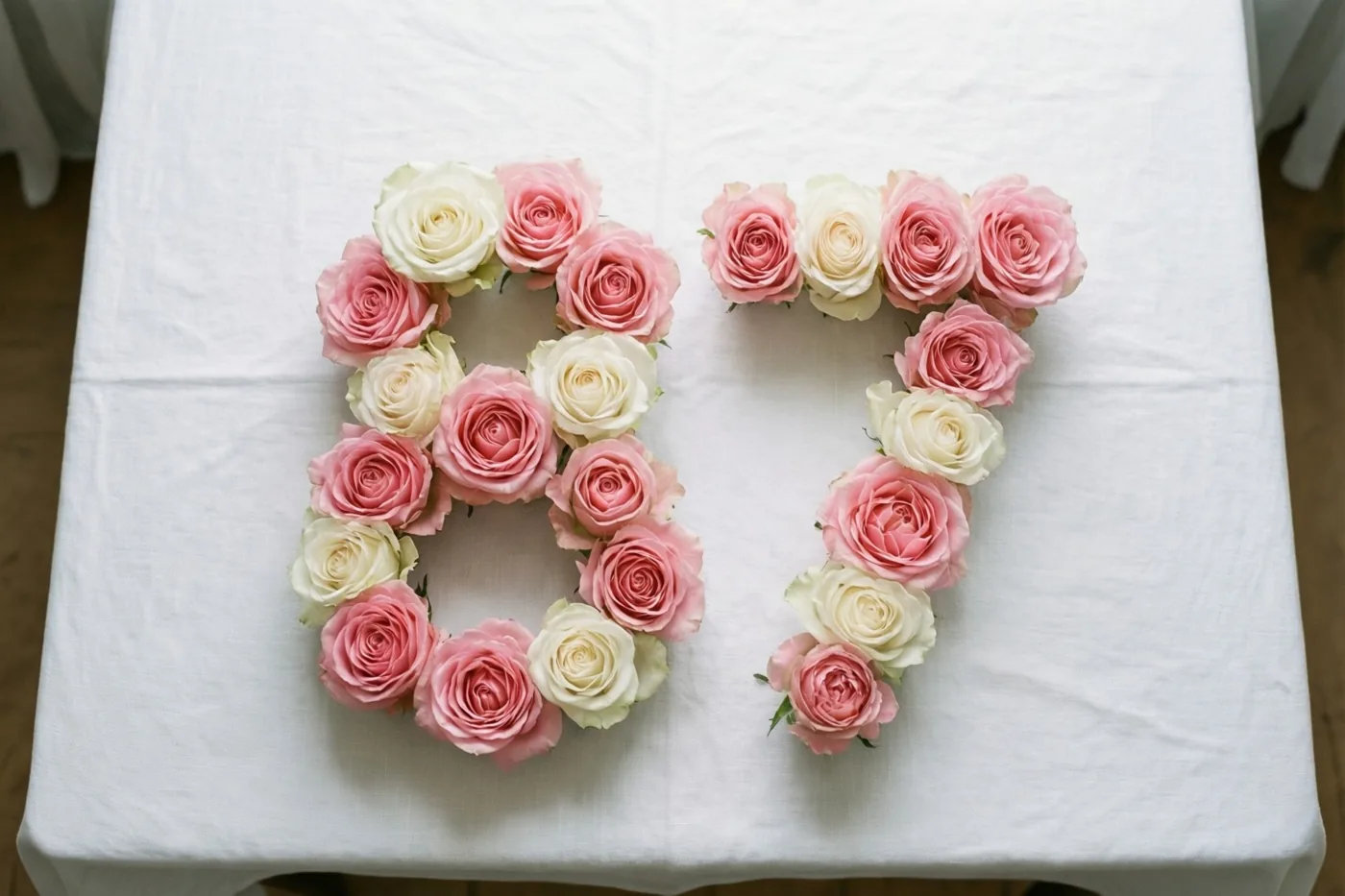 Roze en witte rozen vormen het getal 87 op een wit tafelkleed, recht van boven gefotografeerd.