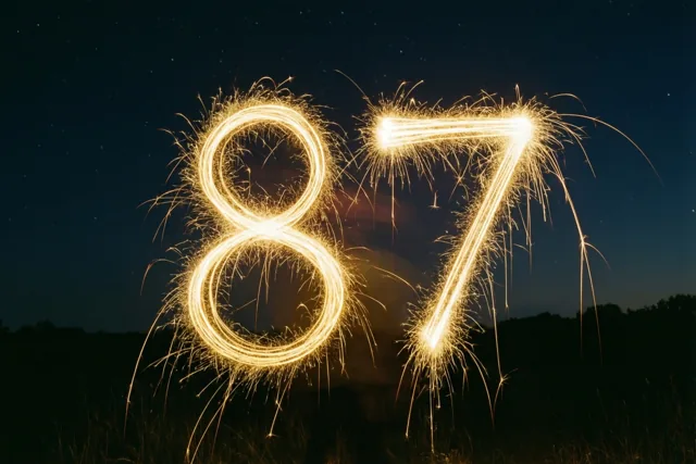 Gouden vonkensporen vormen 87 aan een donkere sterrenhemel, met onderaan silhouetten van bomen en gras.