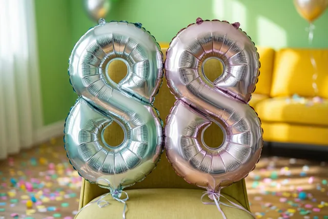 Zilveren en pastelroze folieballonnen vormen 88 en zijn vastgemaakt aan een stoel in een lichte kamer met confetti op de houten vloer.