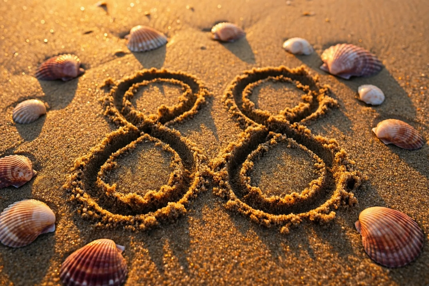 Het getal 88 is in het zand van een strand getekend tussen schelpen, in het gouden licht van de ondergaande zon.