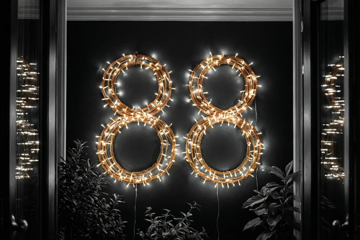 Warme lichtjes vormen 88 tegen een donkere muur, gezien door een raam met donker gebladerte onderaan en onscherpe lichtreflecties in het glas.