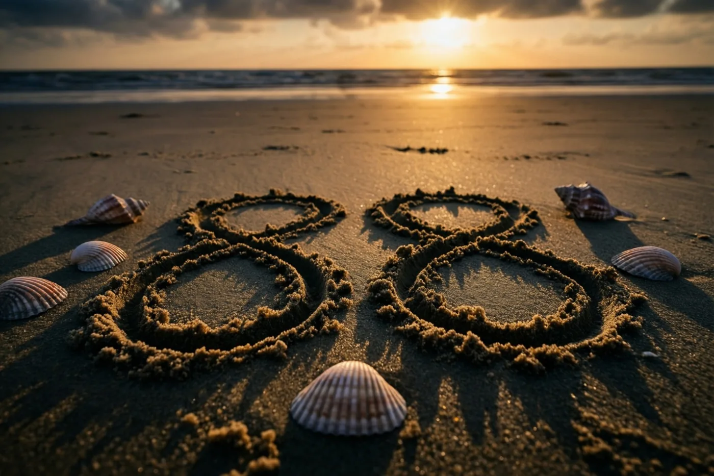 Het getal 88 is tussen schelpen in het strandzand getekend, met een kalme zee op de achtergrond in goudkleurig avondlicht.