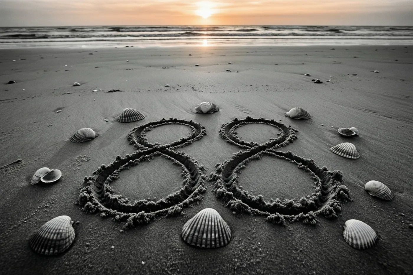 Het getal 88 staat in het strandzand tussen schelpen in een grotendeels zwart-witbeeld, met een oranje gloed van de ondergaande zon aan de horizon.