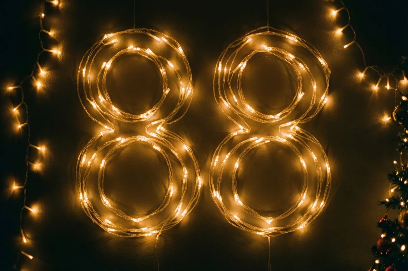 Goudgele lichtjes vormen het getal 88 tegen een donkere muur, met zachte onscherpe lichtvlekken eromheen.