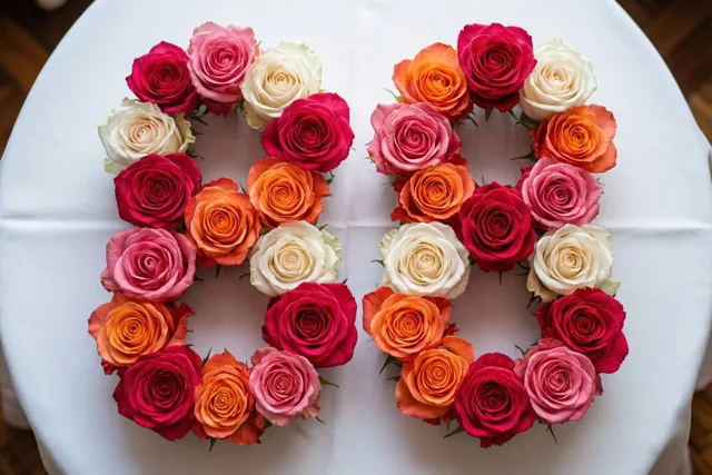 Roze, rode, oranje en witte rozen vormen van bovenaf gezien het getal 88 op een wit tafelkleed.