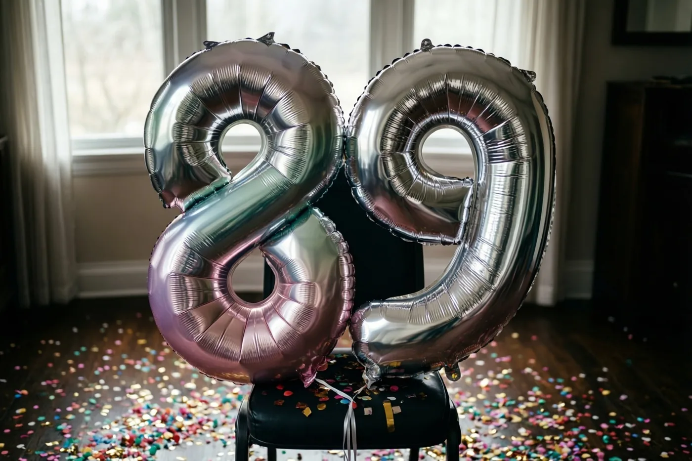 Twee grote metaalglanzende cijferballonnen vormen 89 aan een zwarte stoel, met confetti op de houten vloer en daglicht door een raam.