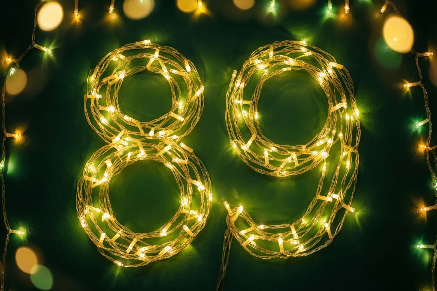 Warme lichtjes vormen het getal 89 tegen een donkergroene muur, met onscherpe lichtvlekken op de achtergrond.