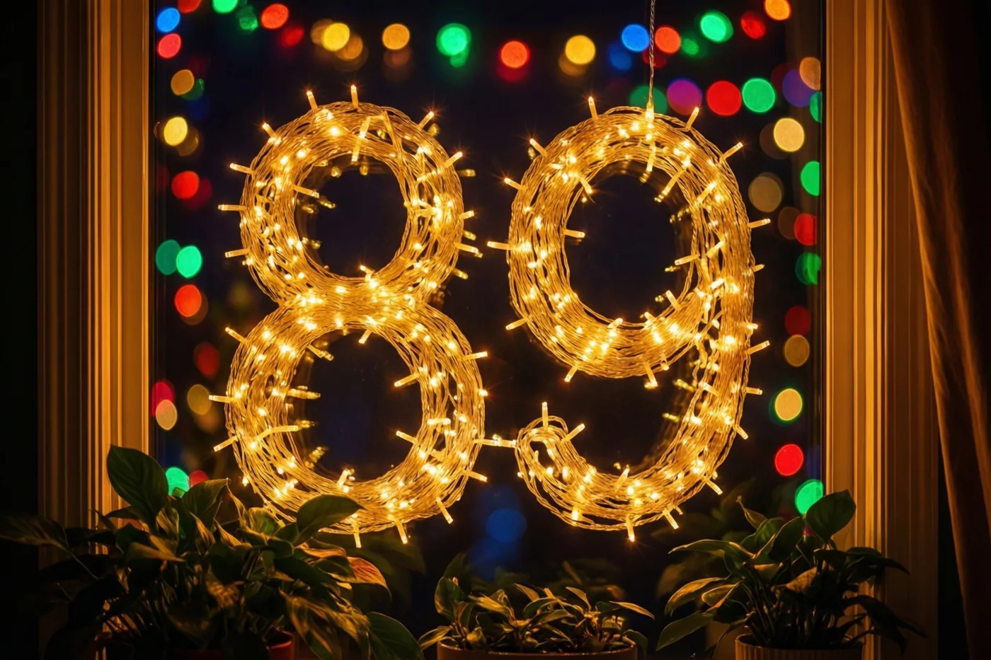 Warme lichtjes vormen 89 tegen een donkere muur, omlijst door gordijnen met potplanten eronder en kleurrijke onscherpe lichtjes op de achtergrond.