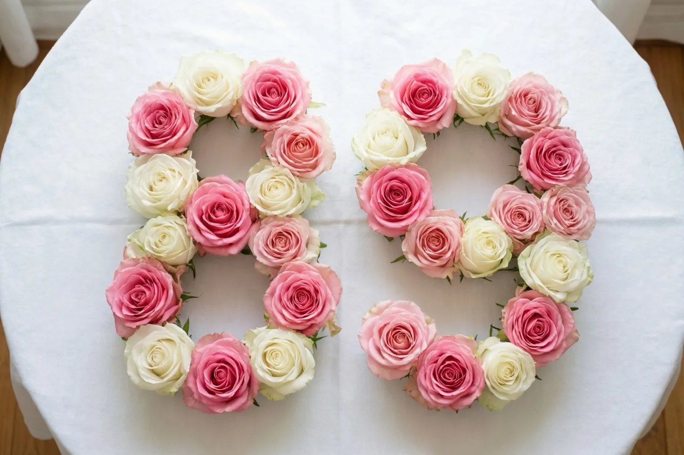 Roze en witte rozen vormen van bovenaf gezien het getal 89 op een wit tafelkleed.